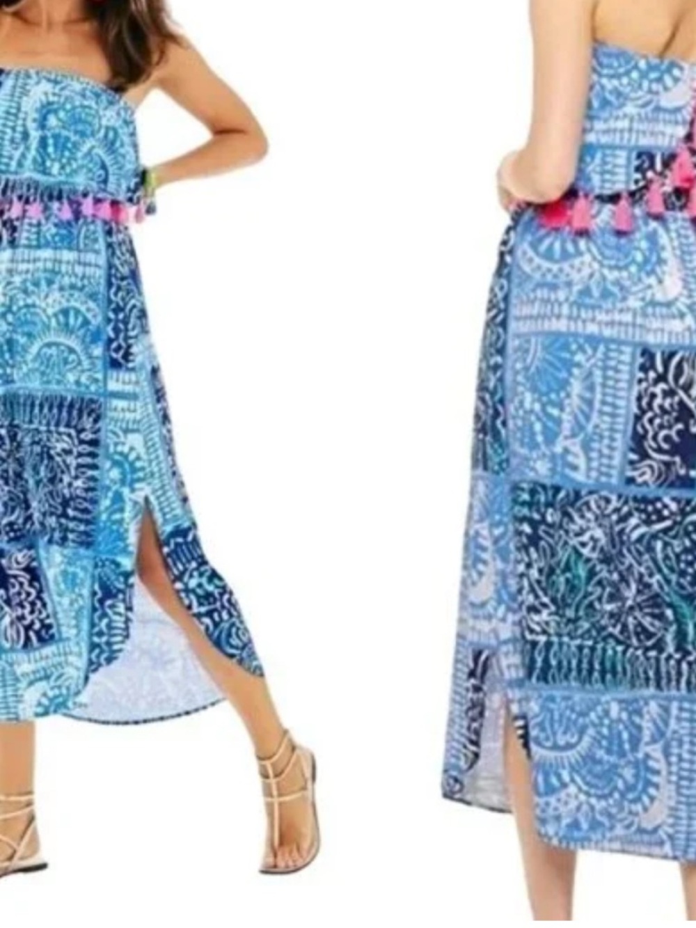 Blue Patchwork Strapless Maxi Dress with Pink Tassel Trim
